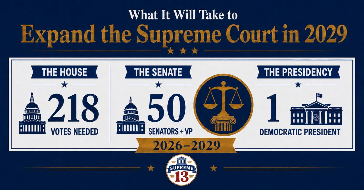 What It Will Take to Expand the Supreme Court in 2029 Image Infographic showing the three requirements for expanding the Supreme Court in 2029: 218 House votes, 50 senators plus a Democratic vice president, and a Democratic president.