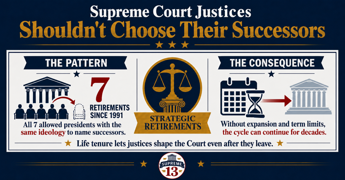Supreme 13 infographic: Since 1991, seven Supreme Court justices have retired when a president of the same ideology could nominate a successor. It argues that without Court expansion and term limits, strategic retirements can continue shaping the Court for decades.