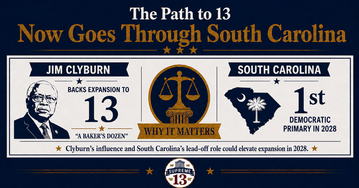 The Path to 13 Now Goes Through South Carolina Featured image for “The Path to 13 Now Goes Through South Carolina,” showing Jim Clyburn beside the words “Backs Expansion to 13,” a scales-of-justice emblem, and a South Carolina graphic noting its first-place position in the 2028 Democratic primary.